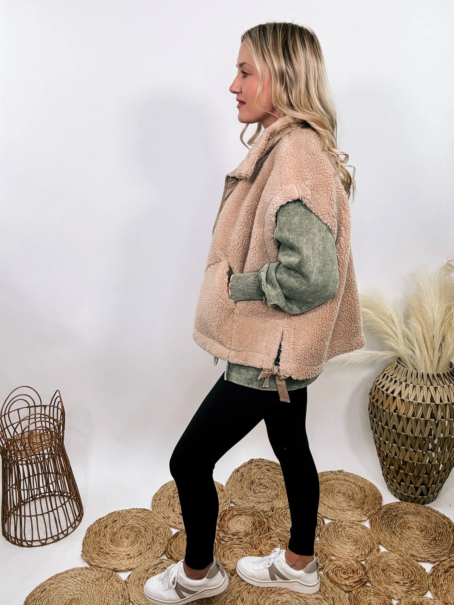 Tan Camel Oversized Sherpa Vest with Side Ties