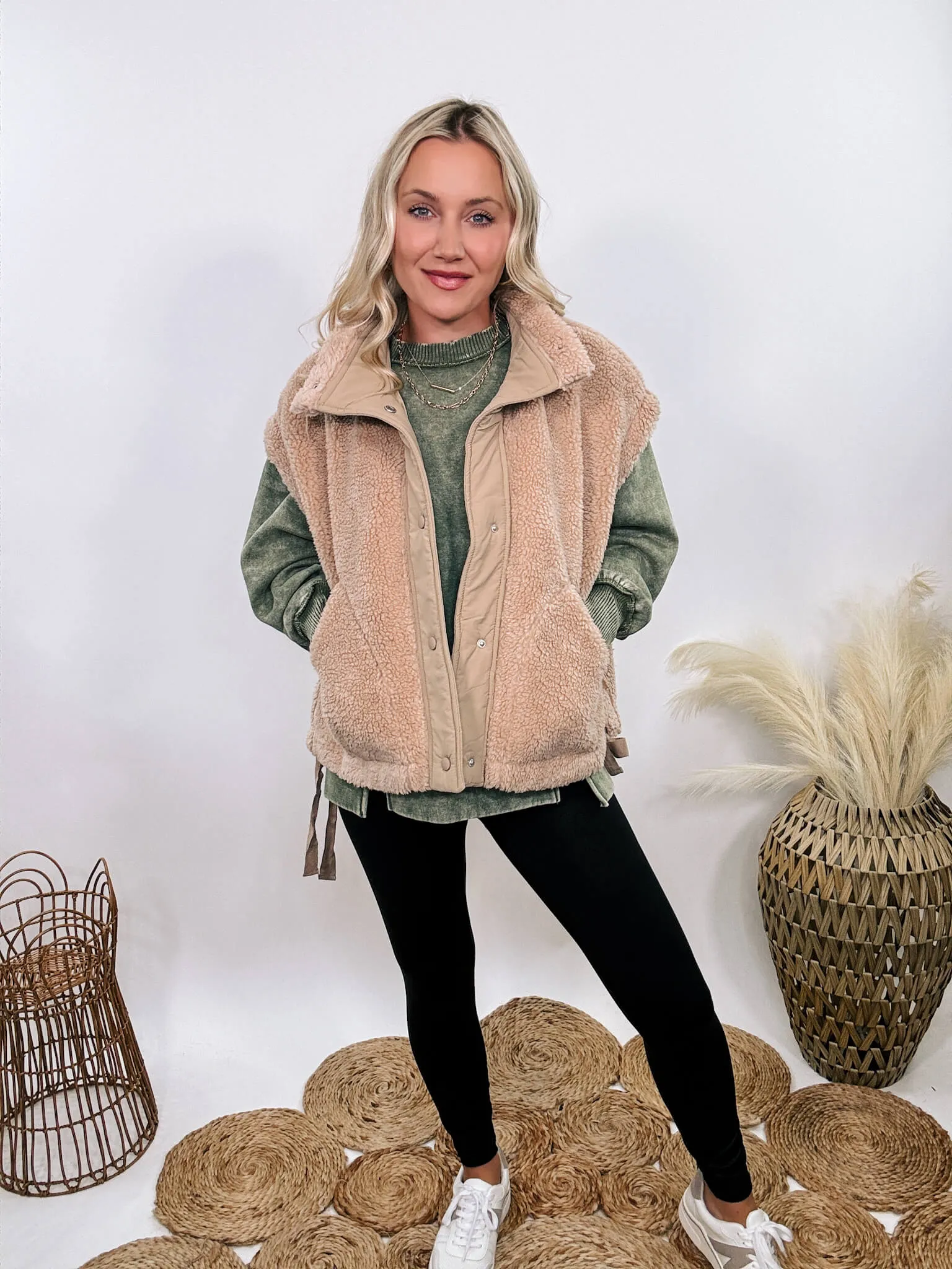 Tan Camel Oversized Sherpa Vest with Side Ties
