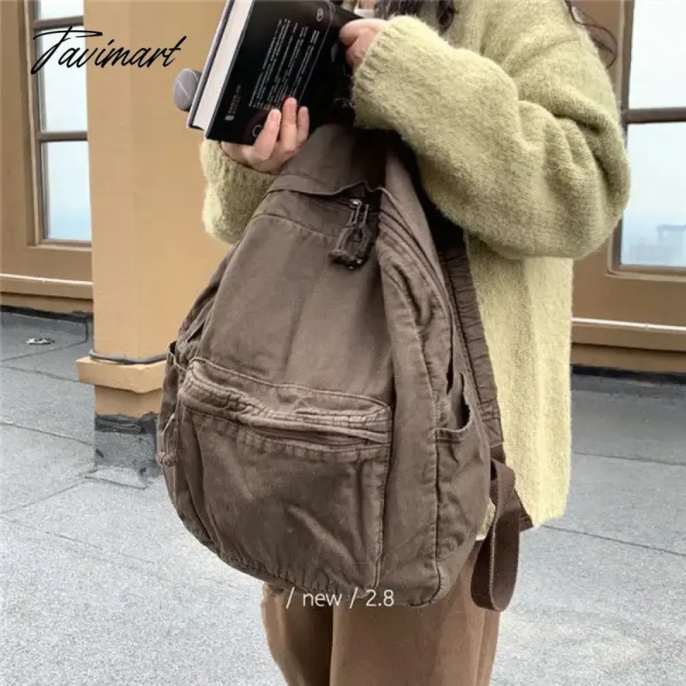 TAVIMART -  Vintage Backpack for Women Preppy Style Canvas Women Rucksack Zipper Casual Medium-Capacity European-American Style Female Bag