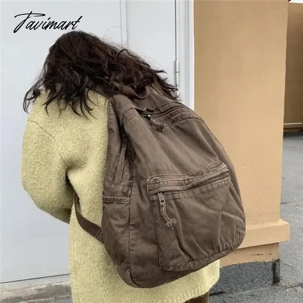 TAVIMART -  Vintage Backpack for Women Preppy Style Canvas Women Rucksack Zipper Casual Medium-Capacity European-American Style Female Bag