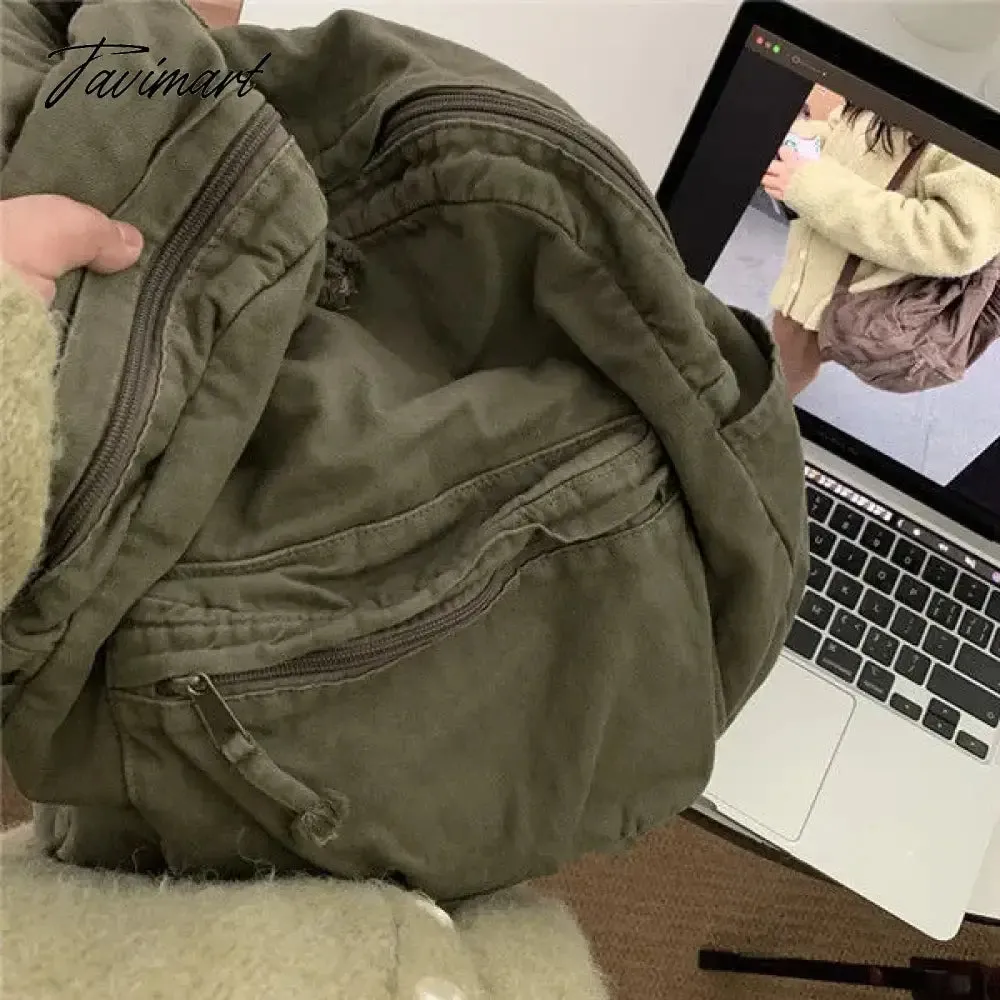 TAVIMART -  Vintage Backpack for Women Preppy Style Canvas Women Rucksack Zipper Casual Medium-Capacity European-American Style Female Bag