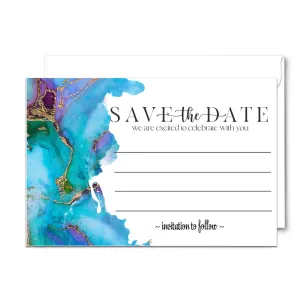 Teal & Purple Watercolor Save the Date Cards (25 Pack) - Fashionable Invitations with Envelopes - 3.5x5