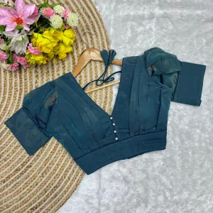 Teal Blue Color Metallic Jari Blouse with Ruffled Pattern and Balloon Sleeves