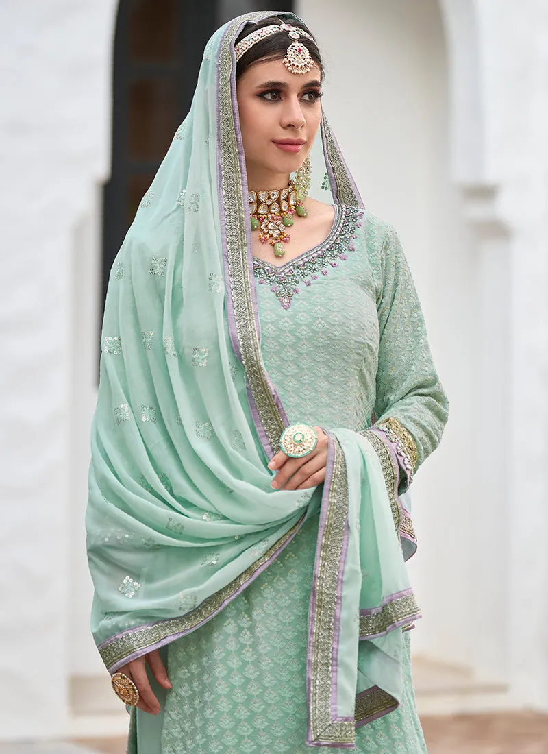 Teal Blue Embroidery Designer Gharara Style Suit
