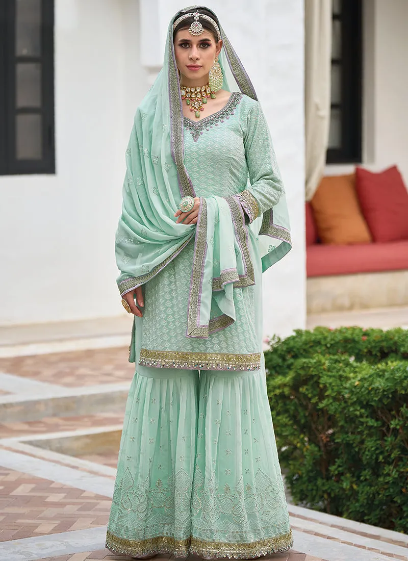 Teal Blue Embroidery Designer Gharara Style Suit