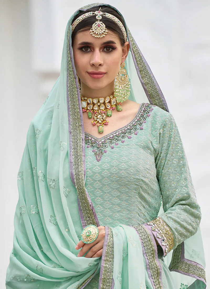 Teal Blue Embroidery Designer Gharara Style Suit
