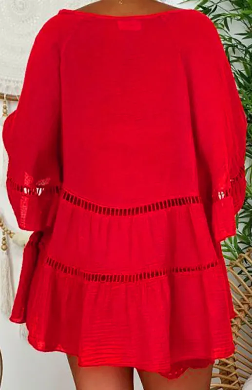 TEEK - 3/4 Sleeve Cotton Linen V-Neck Loose Button Top