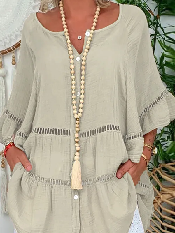 TEEK - 3/4 Sleeve Cotton Linen V-Neck Loose Button Top