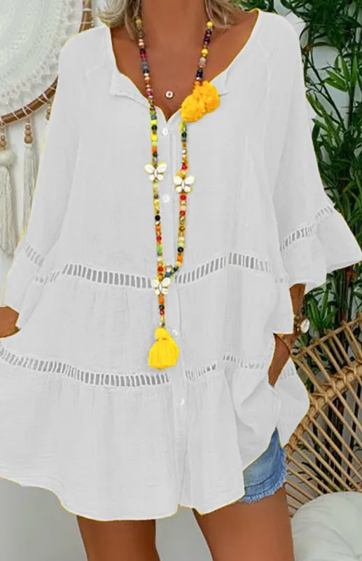 TEEK - 3/4 Sleeve Cotton Linen V-Neck Loose Button Top