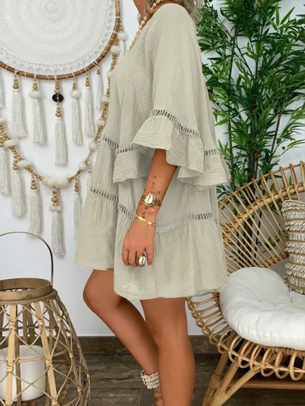 TEEK - 3/4 Sleeve Cotton Linen V-Neck Loose Button Top