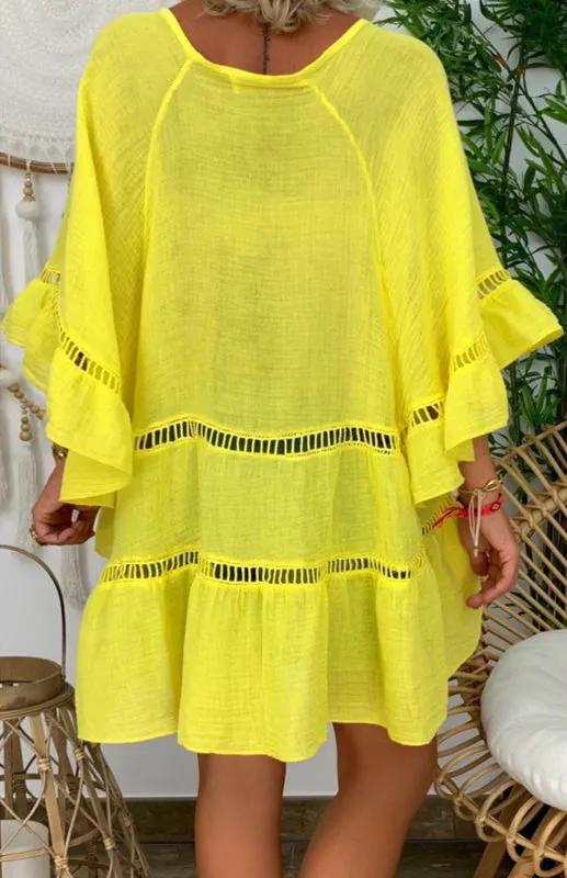 TEEK - 3/4 Sleeve Cotton Linen V-Neck Loose Button Top