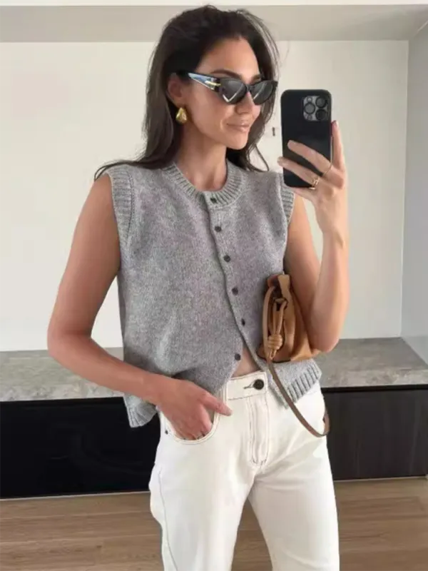 TEEK - Knitted Single-Breasted Knitted Cardigan Sleeveless Top