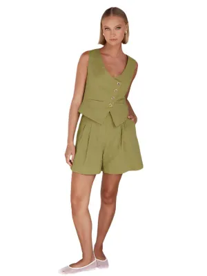 TEEK - Single-Breasted Vest V-Neck Shorts Set