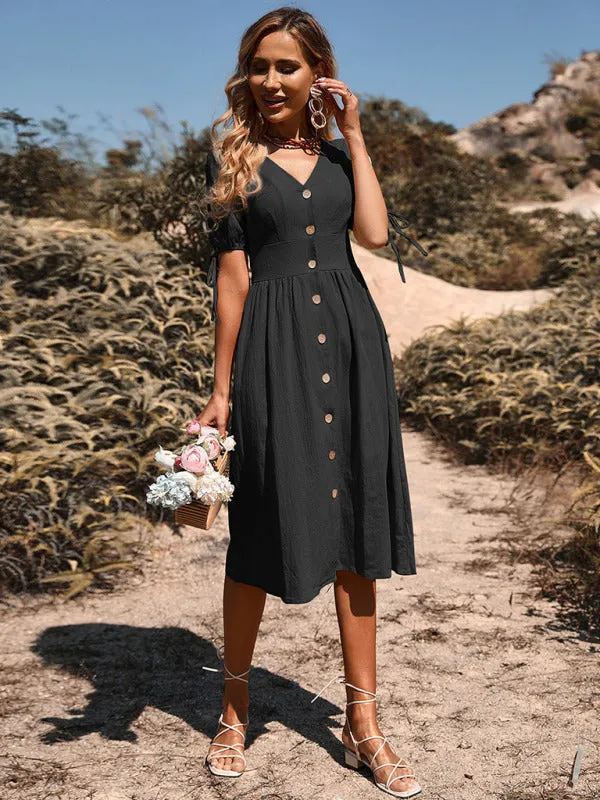 TEEK - Woven V-Neck Buttoned A-line Short Tied Sleeve Dress