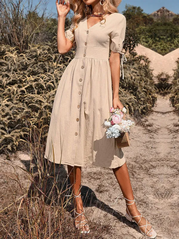 TEEK - Woven V-Neck Buttoned A-line Short Tied Sleeve Dress
