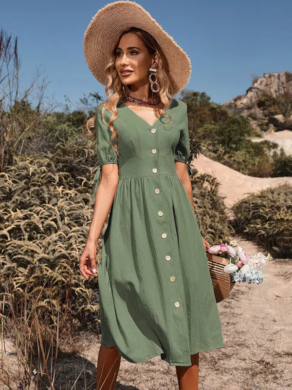 TEEK - Woven V-Neck Buttoned A-line Short Tied Sleeve Dress