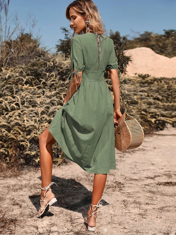 TEEK - Woven V-Neck Buttoned A-line Short Tied Sleeve Dress