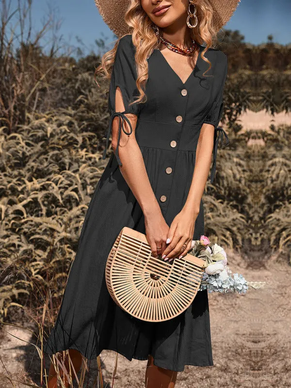 TEEK - Woven V-Neck Buttoned A-line Short Tied Sleeve Dress