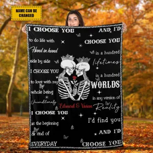 Teesdily | Customized Couple Halloween Goth Skull Throw Blanket Personalized Spooky Skeleton Together Forever Fleece Blanket Gothic Style Gifts