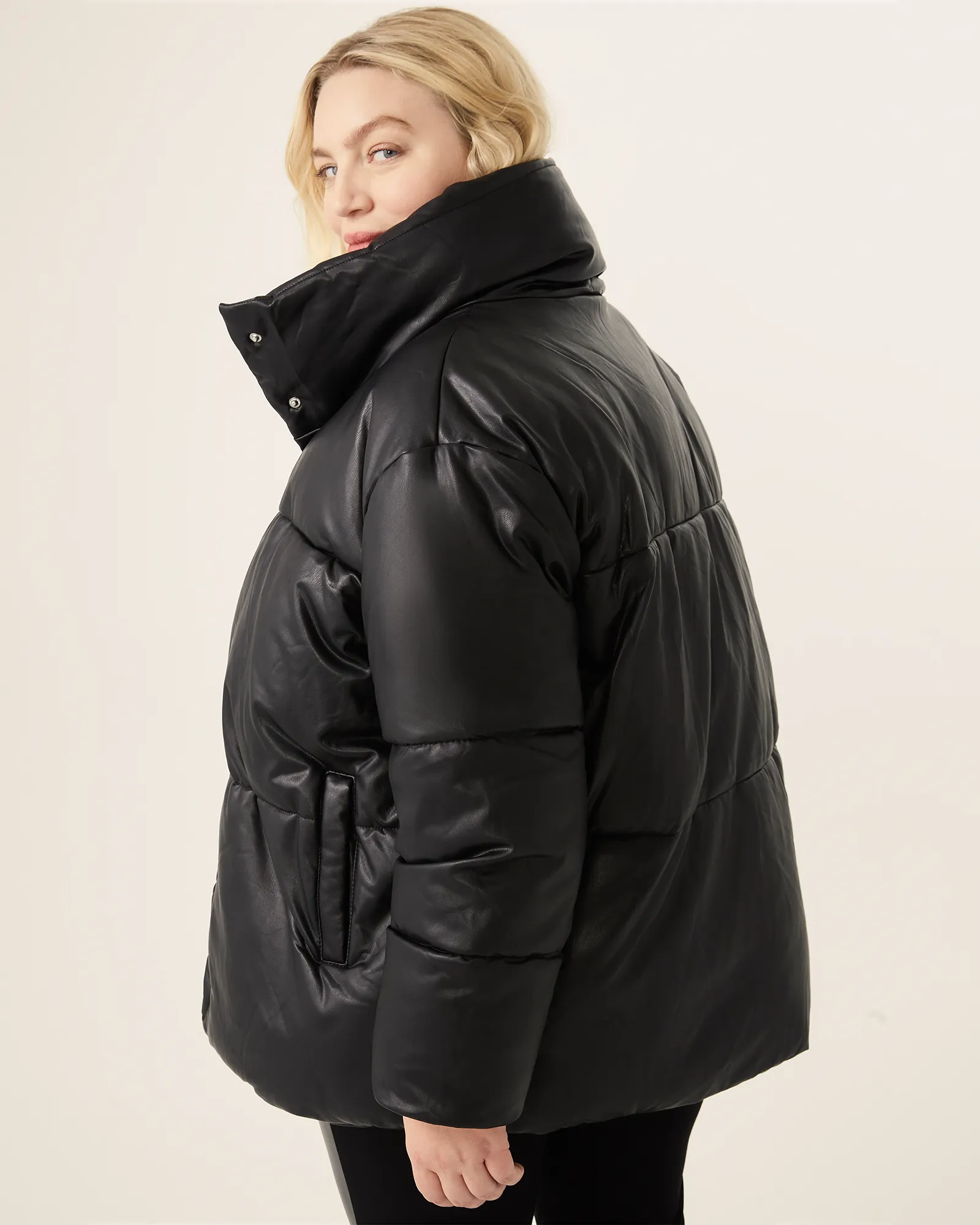 Terri Vegan Leather Puffer Jacket | Black