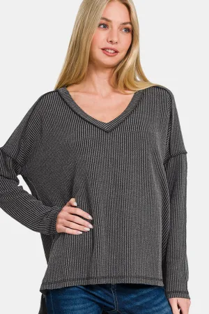 Texture Exposed Seam V-Neck Long Sleeve T-Shirt - Charcoal