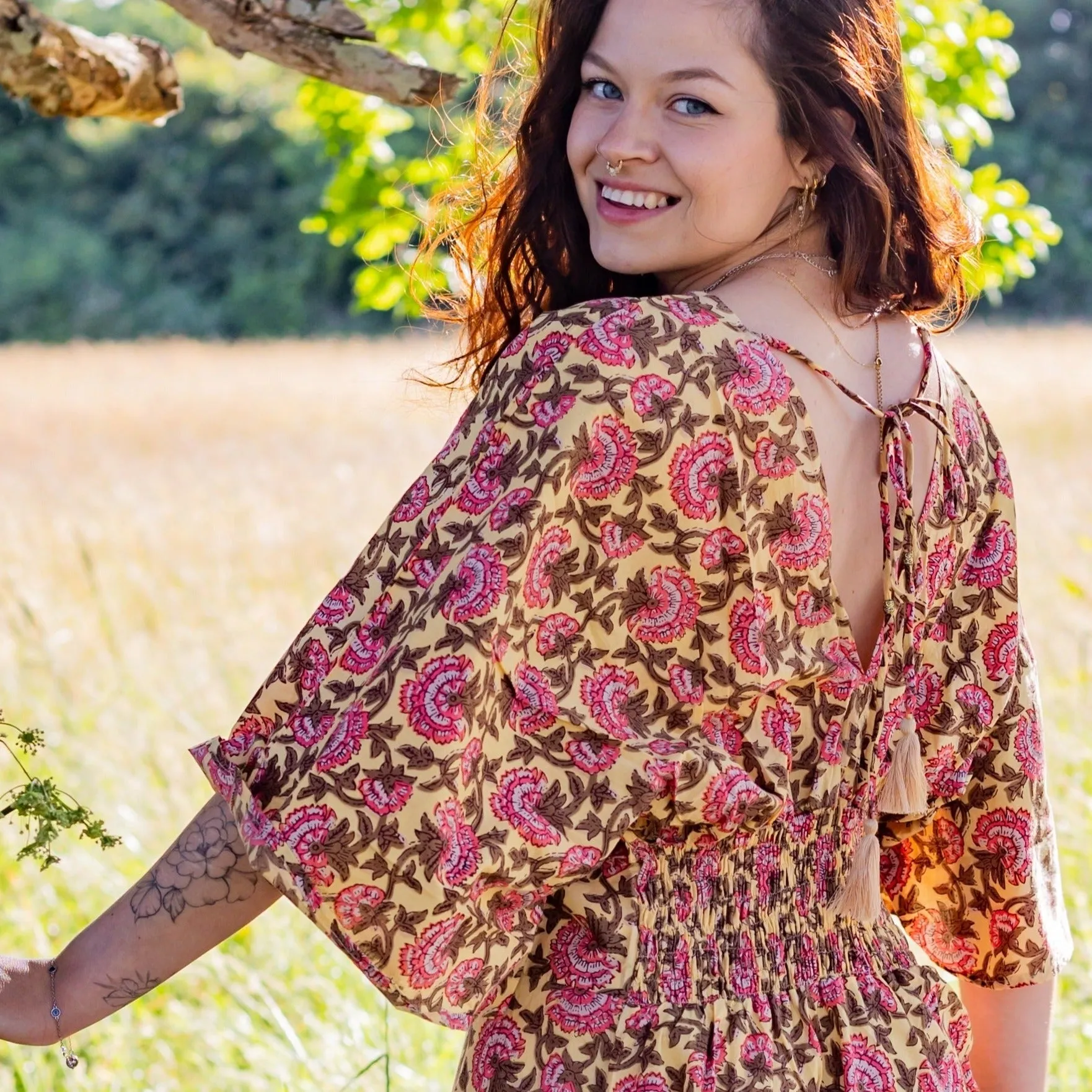 Thalia Dress | Block Print Cotton | Sunshine Peony - Ex Display