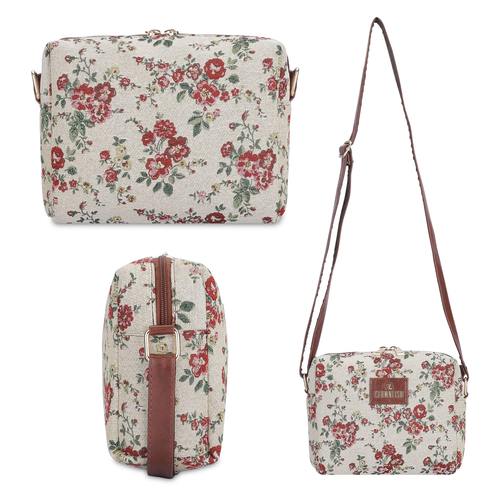THE CLOWNFISH Adelina Series Sling for Women Faux Leather Casual Ladies Single Shoulder Bag For Women Crossbody Bag for College Girls (White-Floral)