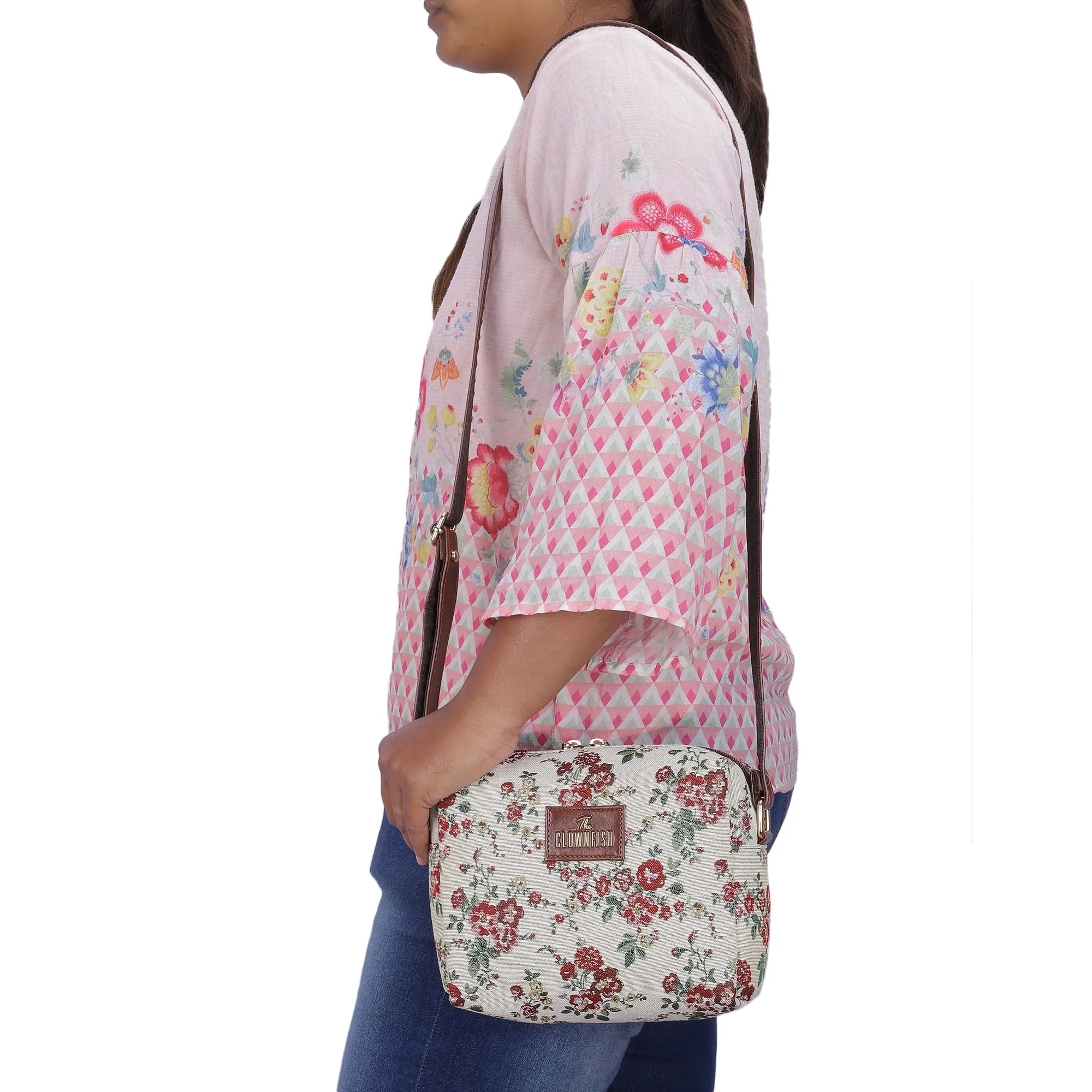 THE CLOWNFISH Adelina Series Sling for Women Faux Leather Casual Ladies Single Shoulder Bag For Women Crossbody Bag for College Girls (White-Floral)