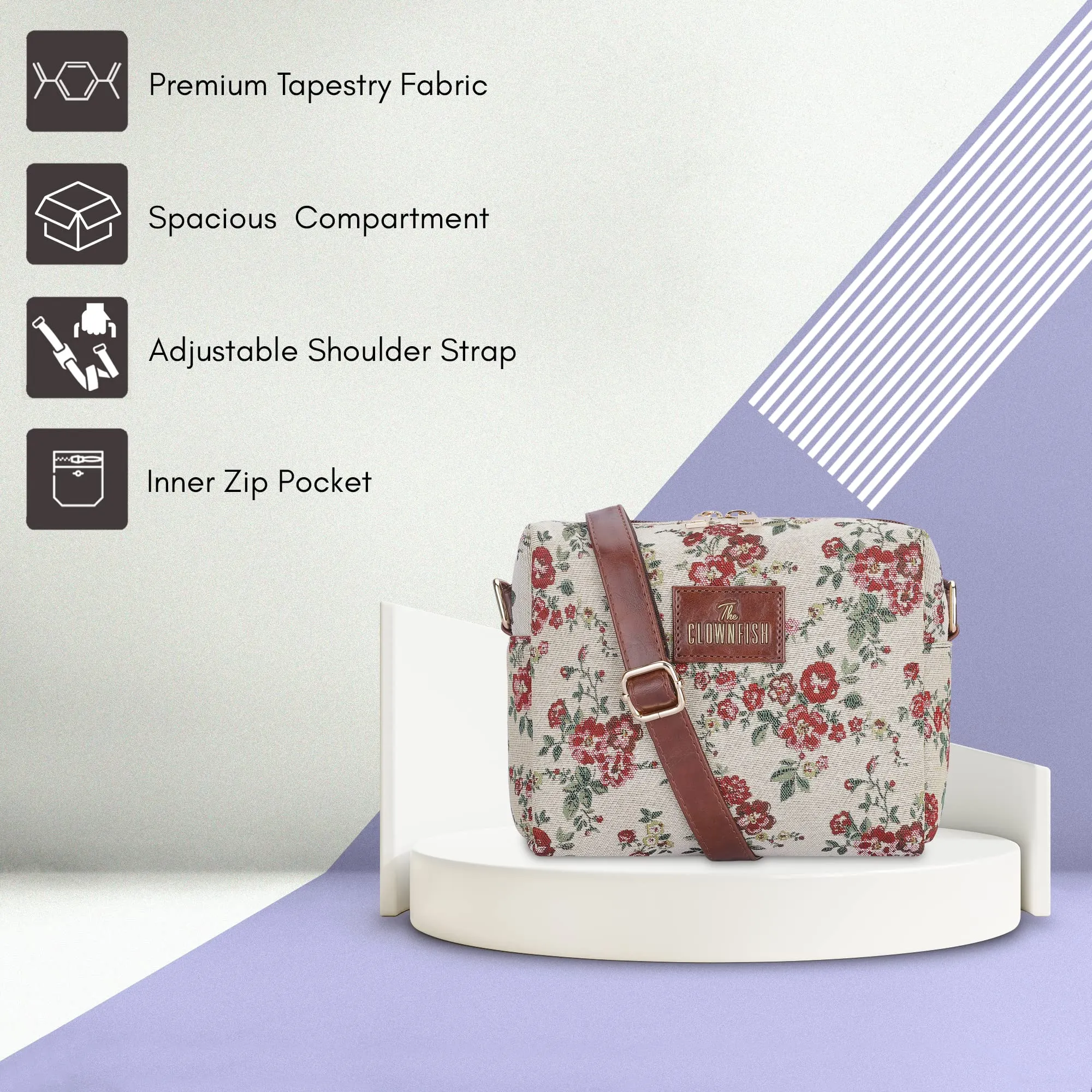 THE CLOWNFISH Adelina Series Sling for Women Faux Leather Casual Ladies Single Shoulder Bag For Women Crossbody Bag for College Girls (White-Floral)