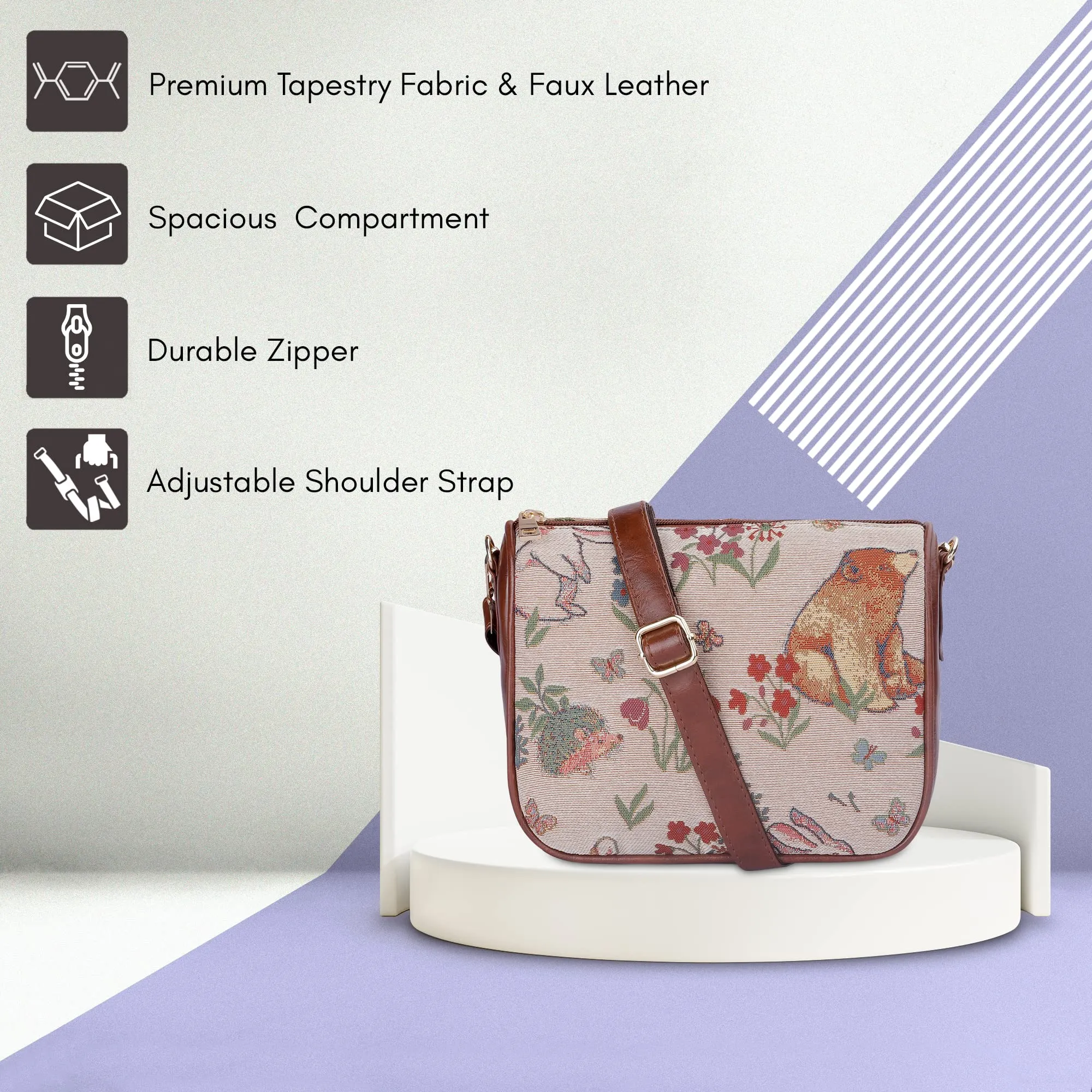 THE CLOWNFISH Garnet Series Tapestry Fabric Crossbody Sling Bag for Women Ladies Single Shoulder Bag Shoulder Belt (White -Animal Print)