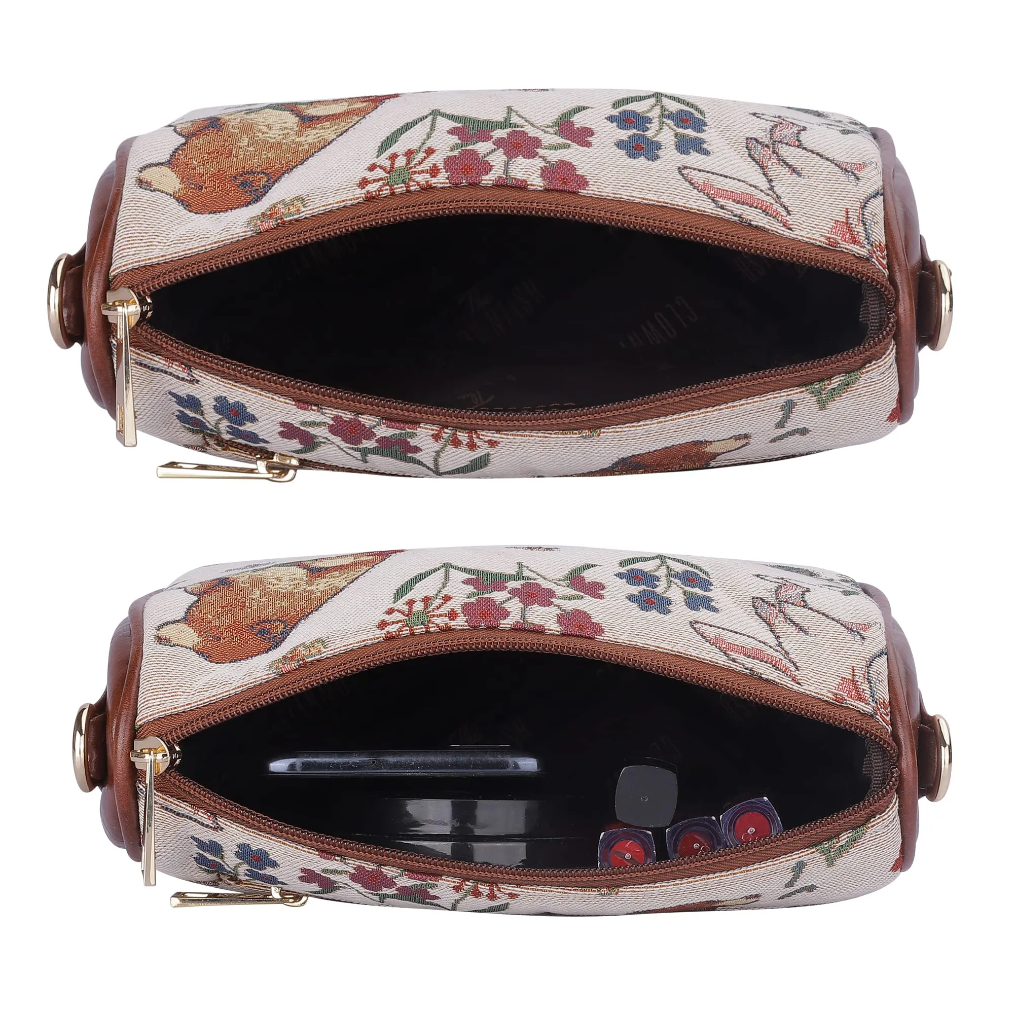 THE CLOWNFISH Garnet Series Tapestry Fabric Crossbody Sling Bag for Women Ladies Single Shoulder Bag Shoulder Belt (White -Animal Print)