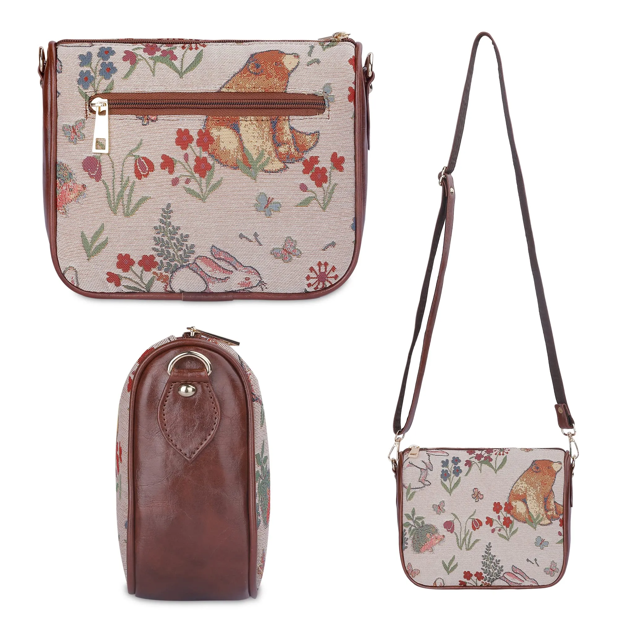THE CLOWNFISH Garnet Series Tapestry Fabric Crossbody Sling Bag for Women Ladies Single Shoulder Bag Shoulder Belt (White -Animal Print)