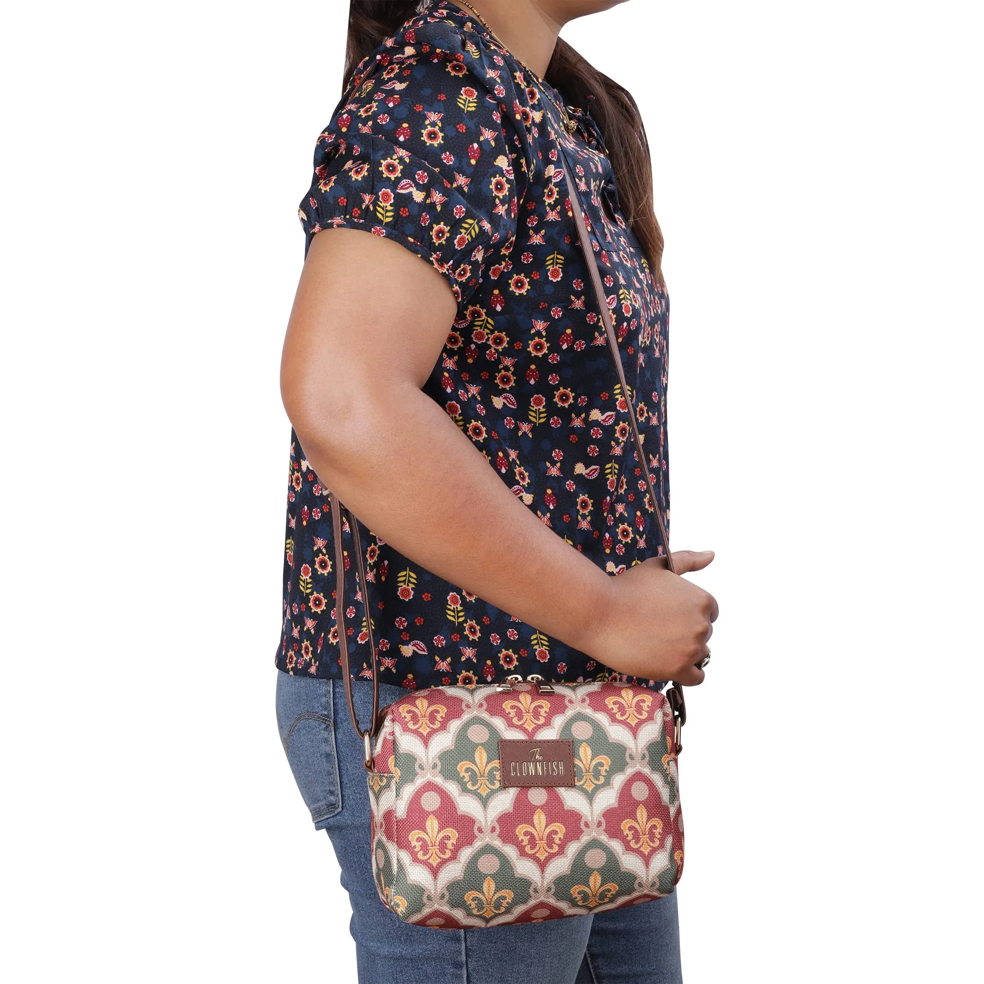 THE CLOWNFISH Isla Printed Handicraft Fabric Crossbody Sling bag for Women Casual Party Bag Purse with Adjustable Shoulder Strap for Ladies College Girls (Pink-Rangoli Design)