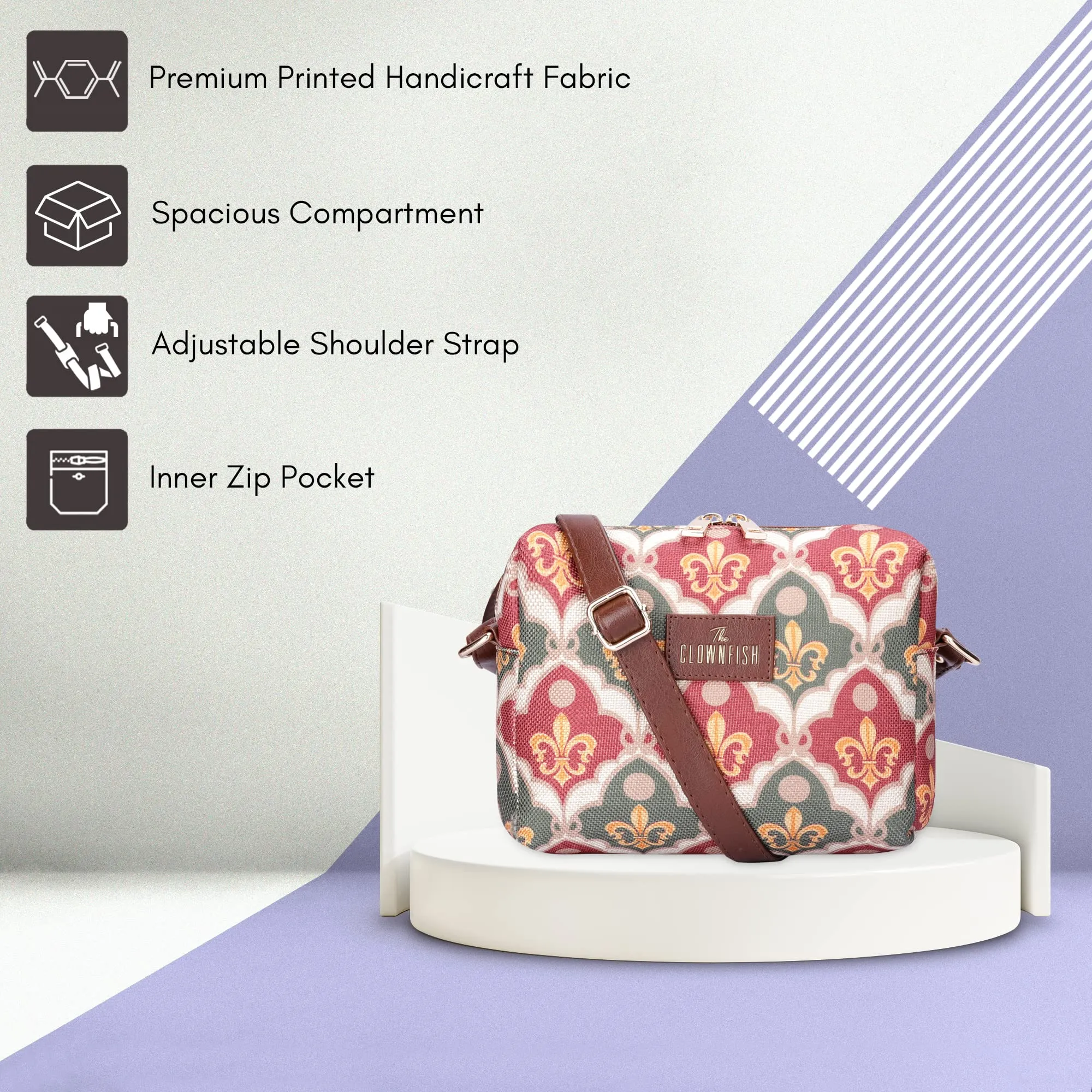 THE CLOWNFISH Isla Printed Handicraft Fabric Crossbody Sling bag for Women Casual Party Bag Purse with Adjustable Shoulder Strap for Ladies College Girls (Pink-Rangoli Design)