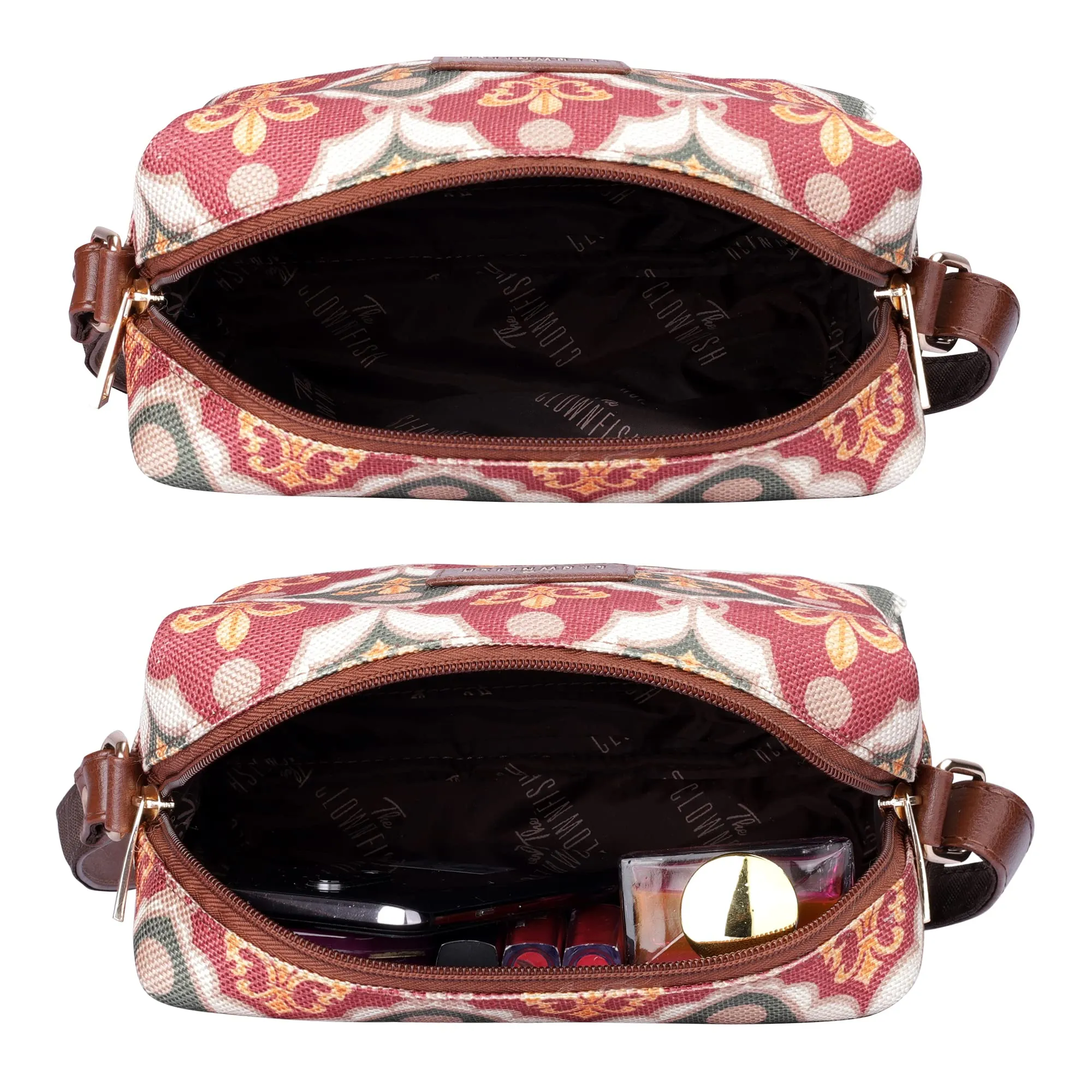 THE CLOWNFISH Isla Printed Handicraft Fabric Crossbody Sling bag for Women Casual Party Bag Purse with Adjustable Shoulder Strap for Ladies College Girls (Pink-Rangoli Design)