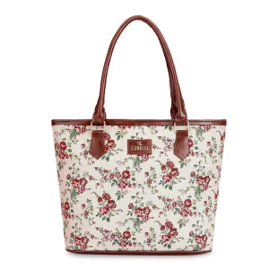 THE CLOWNFISH Justina Tapestry Fabric & Faux Leather Handbag for Women Office Bag Ladies Shoulder Bag Tote For Women College Girls (White-Floral)