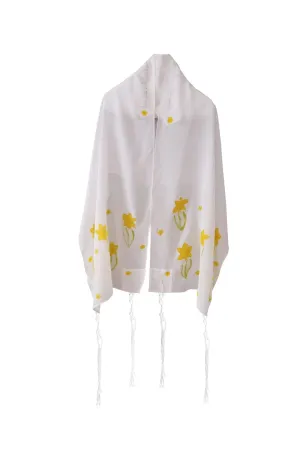 The Daffodils Hand Painted Silk Tallit for Women, Bat Mitzvah Tallit, Women's Tallit Prayer Shawl, Tallit for Girl