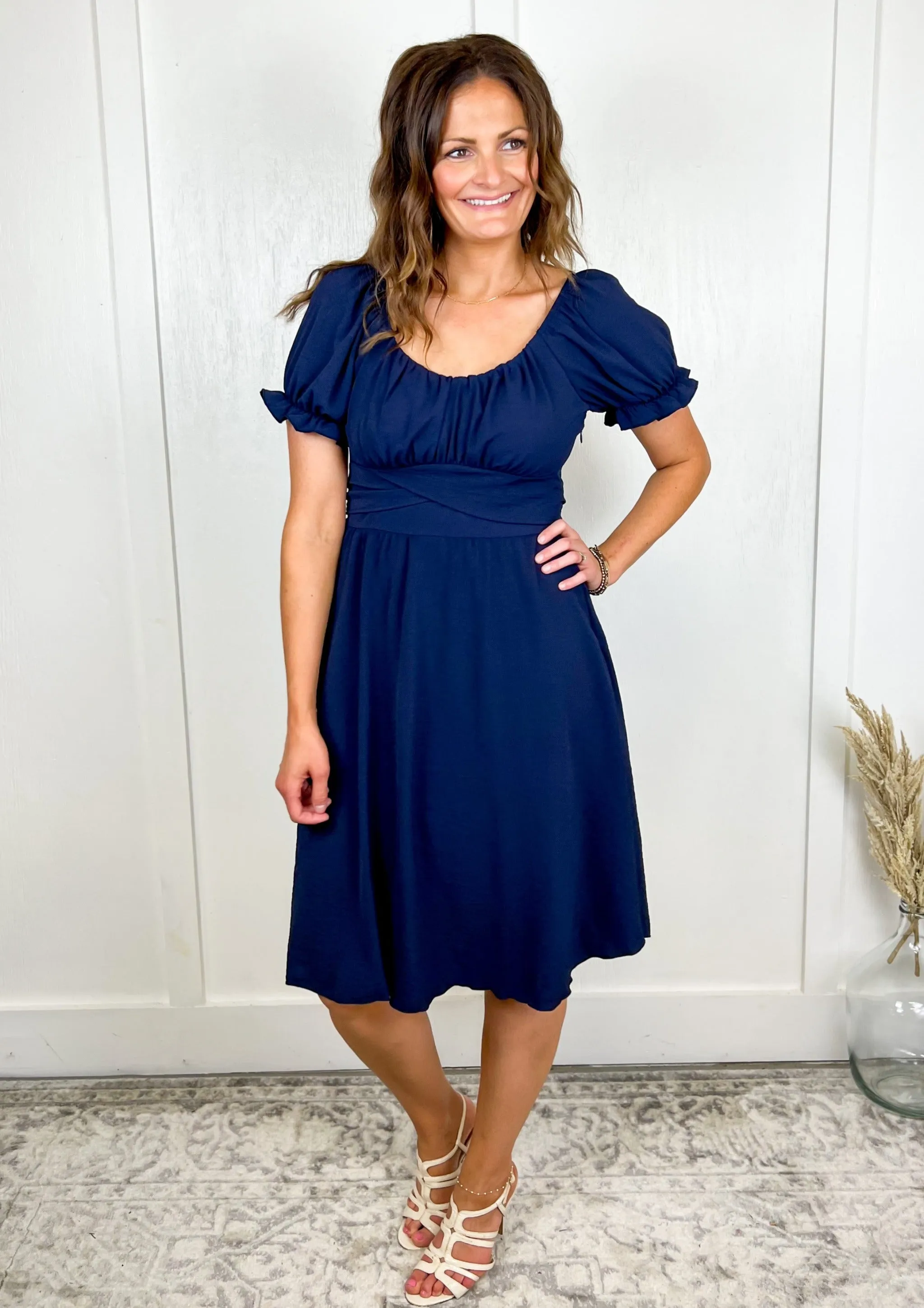 The Meadow Tie Back Navy Midi Dress