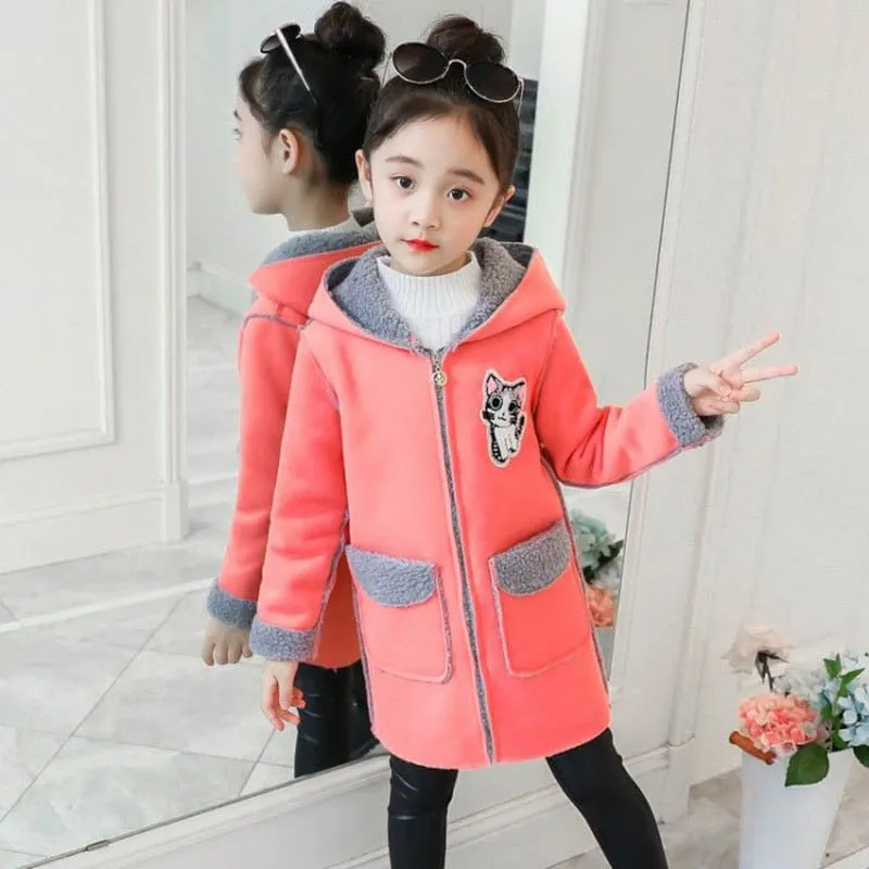 Thick Fur Woolen Cute Cat Design Winter Coat For Girls