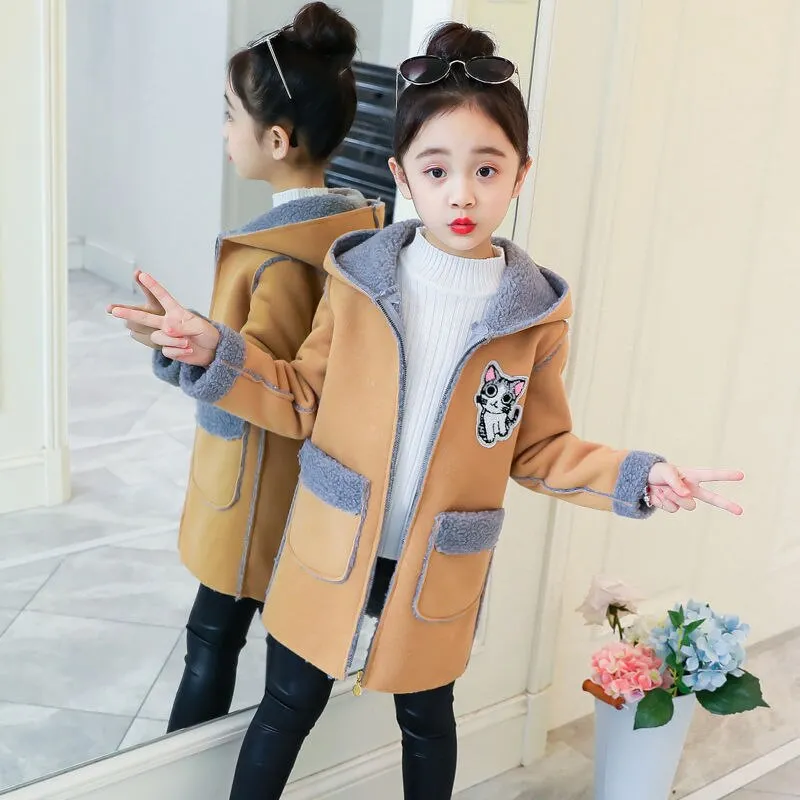 Thick Fur Woolen Cute Cat Design Winter Coat For Girls