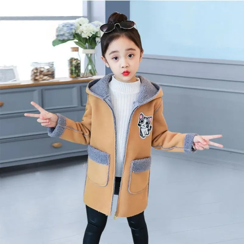 Thick Fur Woolen Cute Cat Design Winter Coat For Girls