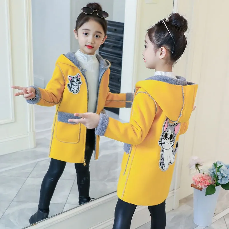 Thick Fur Woolen Cute Cat Design Winter Coat For Girls