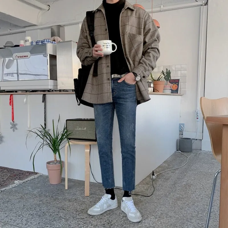 Thick Woolen Plaid Shirts - Men's Casual Loose Korean Trend - Long Sleeve Button Up Tops