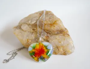 Tie Dye look fused glass heart pendant necklace jewelry, rainbow color on 20 inch steel chain