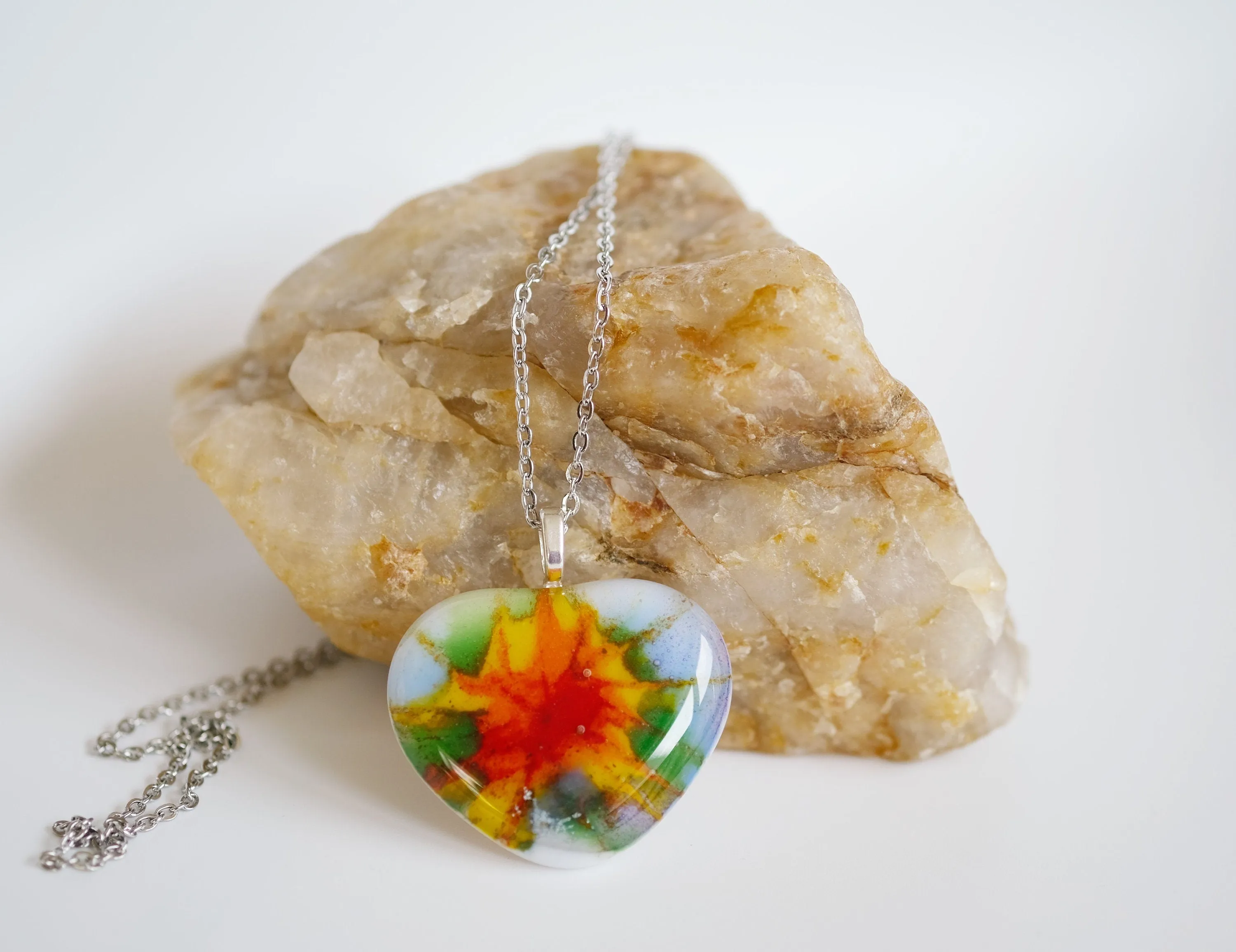 Tie Dye look fused glass heart pendant necklace jewelry, rainbow color on 20 inch steel chain
