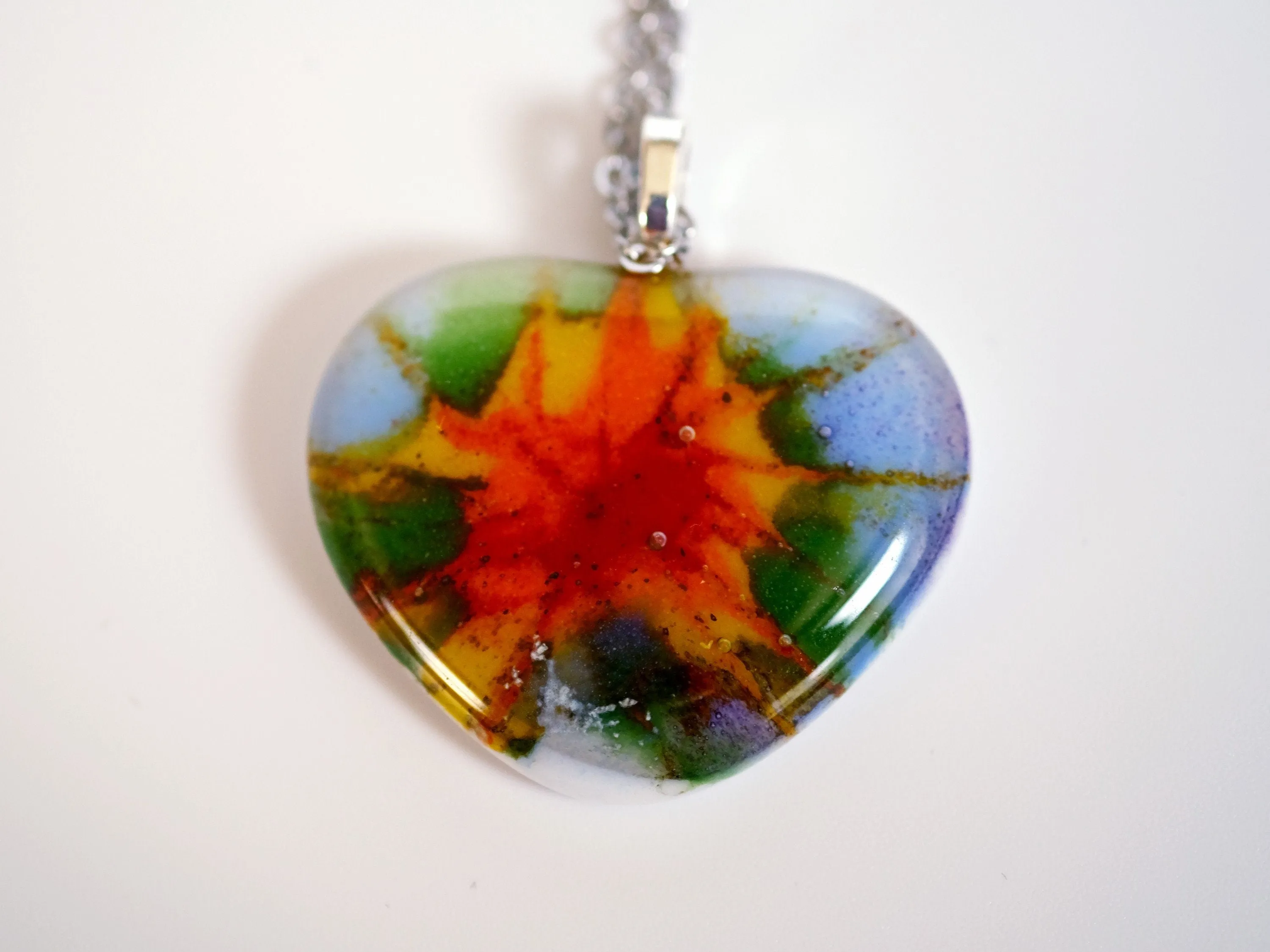 Tie Dye look fused glass heart pendant necklace jewelry, rainbow color on 20 inch steel chain