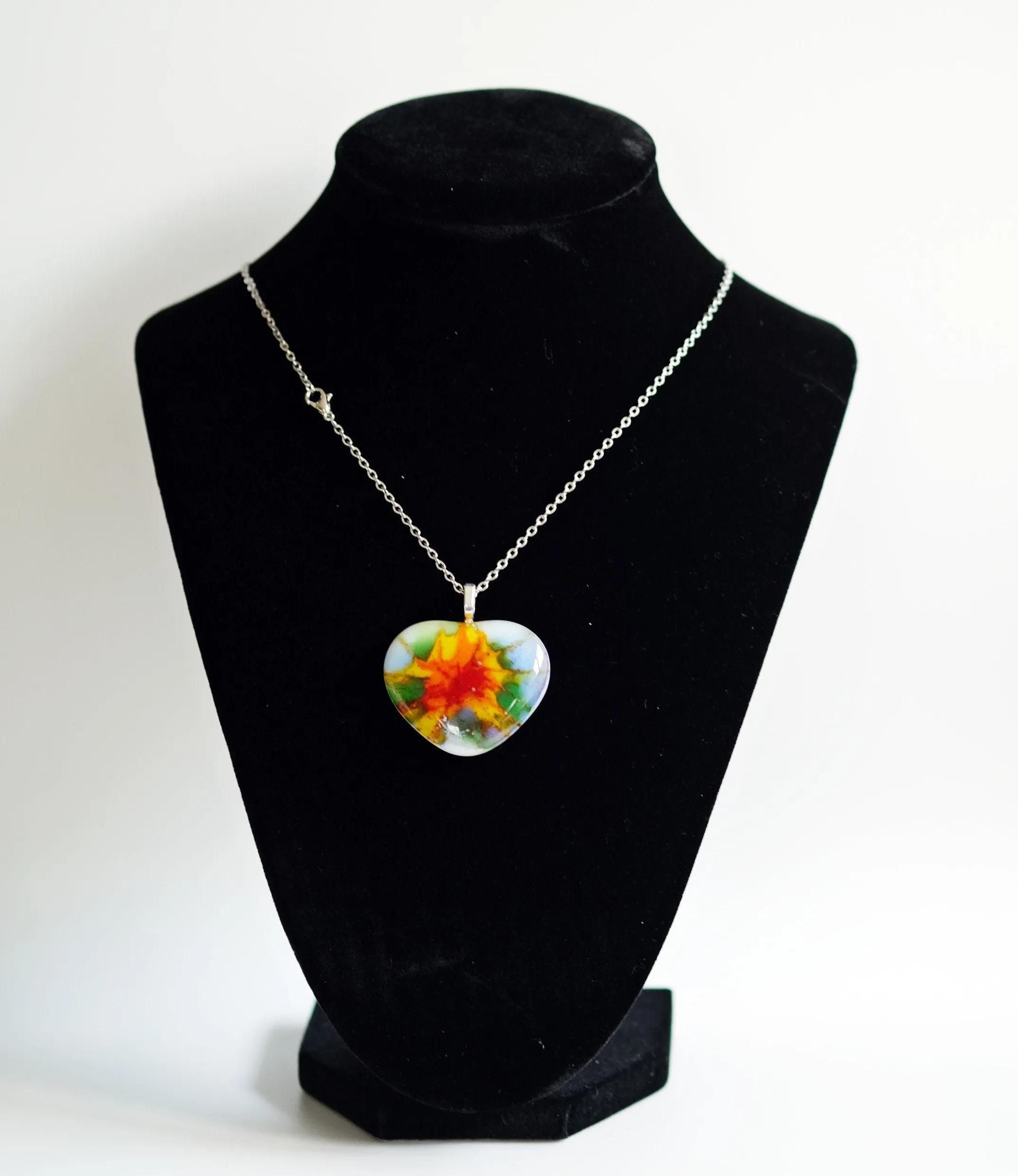 Tie Dye look fused glass heart pendant necklace jewelry, rainbow color on 20 inch steel chain