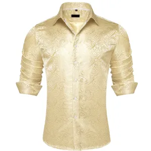 Ties2you Silk Shirt Blond Yellow Paisley Button Down Mens Long Sleeve Dress Shirt Design