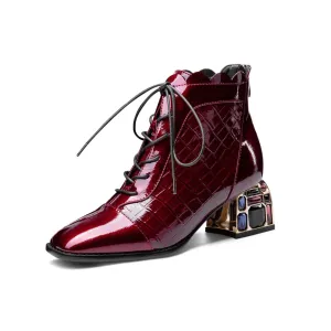 TinaCus Women's Glossy Patent Leather Handmade Colorful Crystal Mid Chunky Heel Round Toe Back Zipper Ankle Boots with Selftie