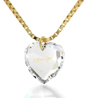 Tiny Crystal Heart Pendant I Love You Necklace 24k Gold Inscribed